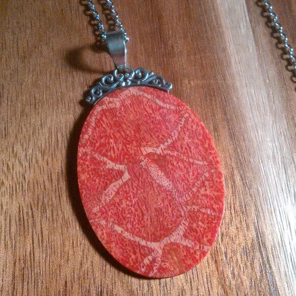 Red Sponge Coral Sterling Silver Pendant Stainless Steel Necklace - Picture 1 of 14